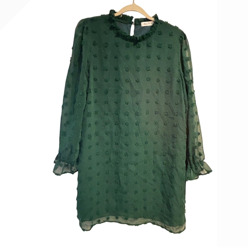 ADIBOSY Green Swiss Dot Chiffon Ruffle Neck Long Sleeve Shift Mini Dress Large